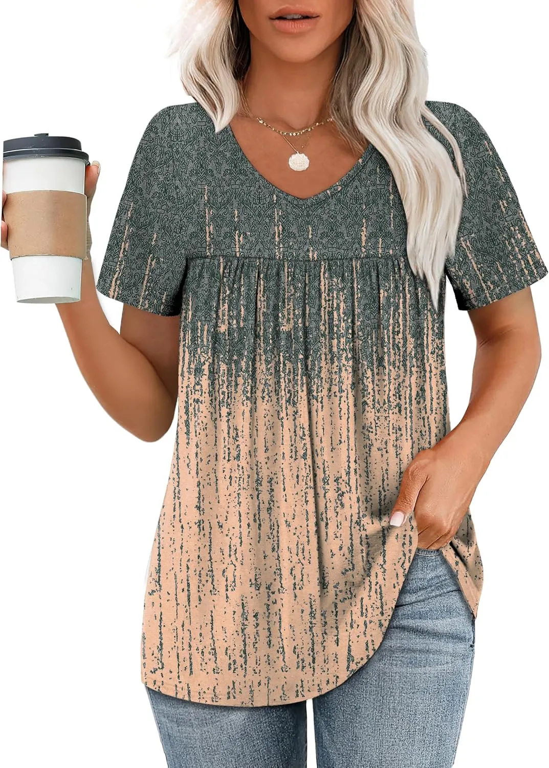 WEESO Womens T Shirts Short Sleeve Pleated Dressy Casual V Neck Summer Tops Blouses