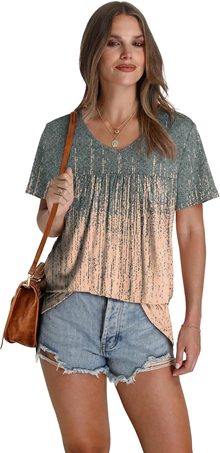 WEESO Womens T Shirts Short Sleeve Pleated Dressy Casual V Neck Summer Tops Blouses