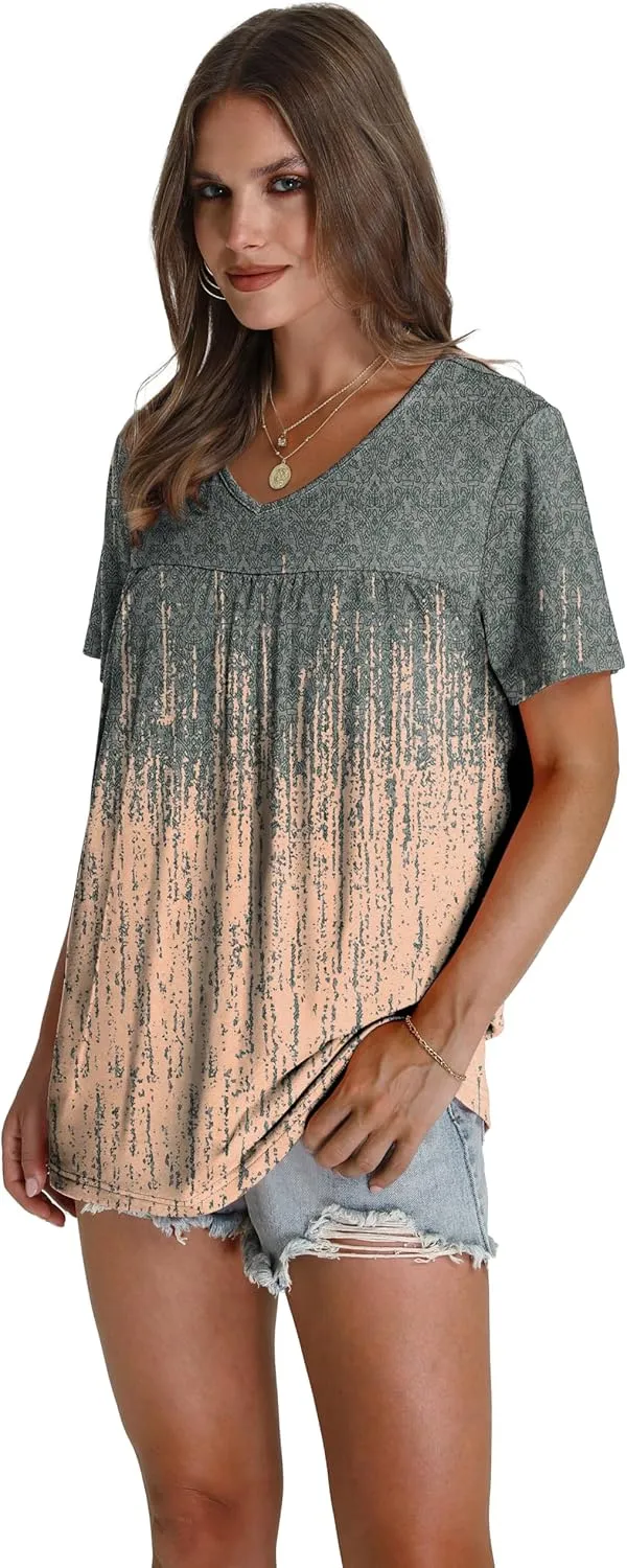 WEESO Womens T Shirts Short Sleeve Pleated Dressy Casual V Neck Summer Tops Blouses