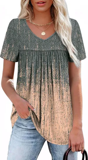 WEESO Womens T Shirts Short Sleeve Pleated Dressy Casual V Neck Summer Tops Blouses