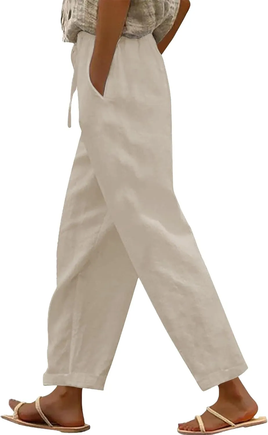 Wide Leg Linen Pants for Women Cropped Pants Cotton Linen High Waisted Trousers Loose Summer Lounge Trousers