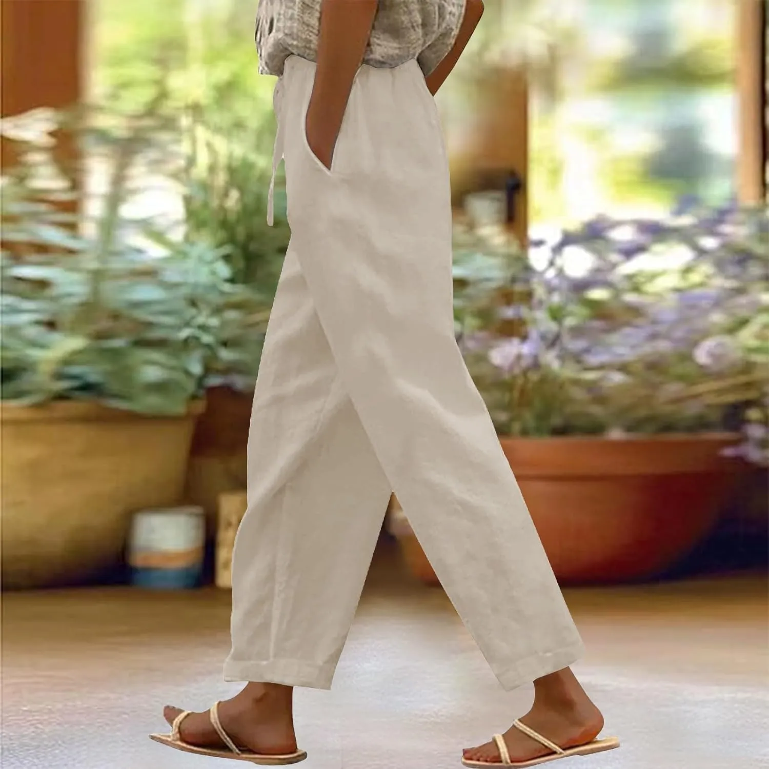Wide Leg Linen Pants for Women Cropped Pants Cotton Linen High Waisted Trousers Loose Summer Lounge Trousers