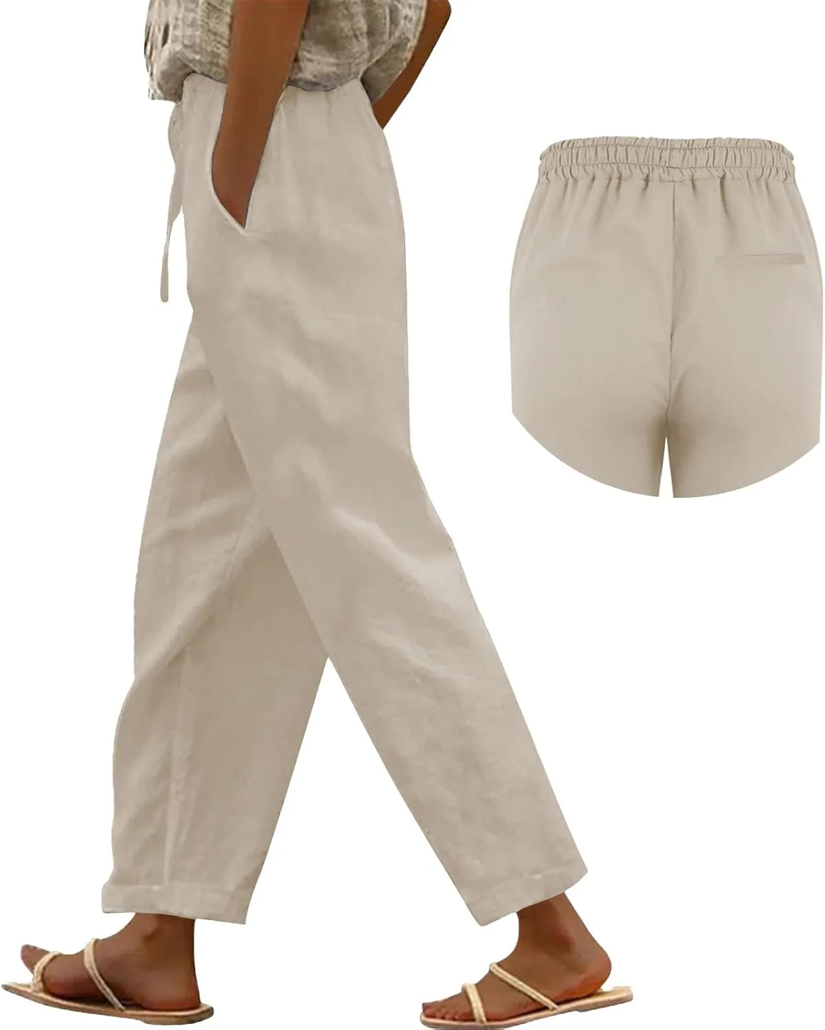 Wide Leg Linen Pants for Women Cropped Pants Cotton Linen High Waisted Trousers Loose Summer Lounge Trousers