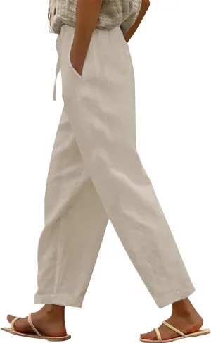 Wide Leg Linen Pants for Women Cropped Pants Cotton Linen High Waisted Trousers Loose Summer Lounge Trousers