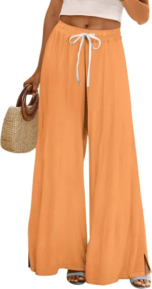 Wide Leg Pants for Women Casual Summer High Waistd Flowy Beach Pants Drawstring Elastic Waist Solid Pockets Trousers