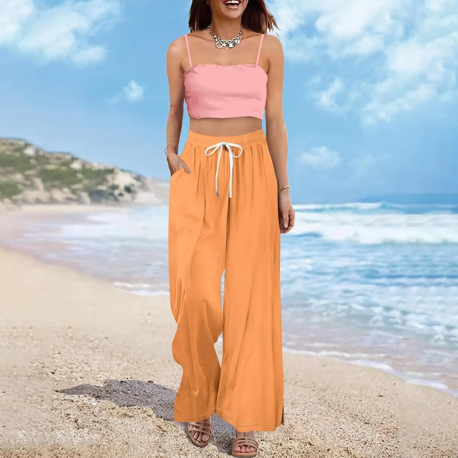 Wide Leg Pants for Women Casual Summer High Waistd Flowy Beach Pants Drawstring Elastic Waist Solid Pockets Trousers