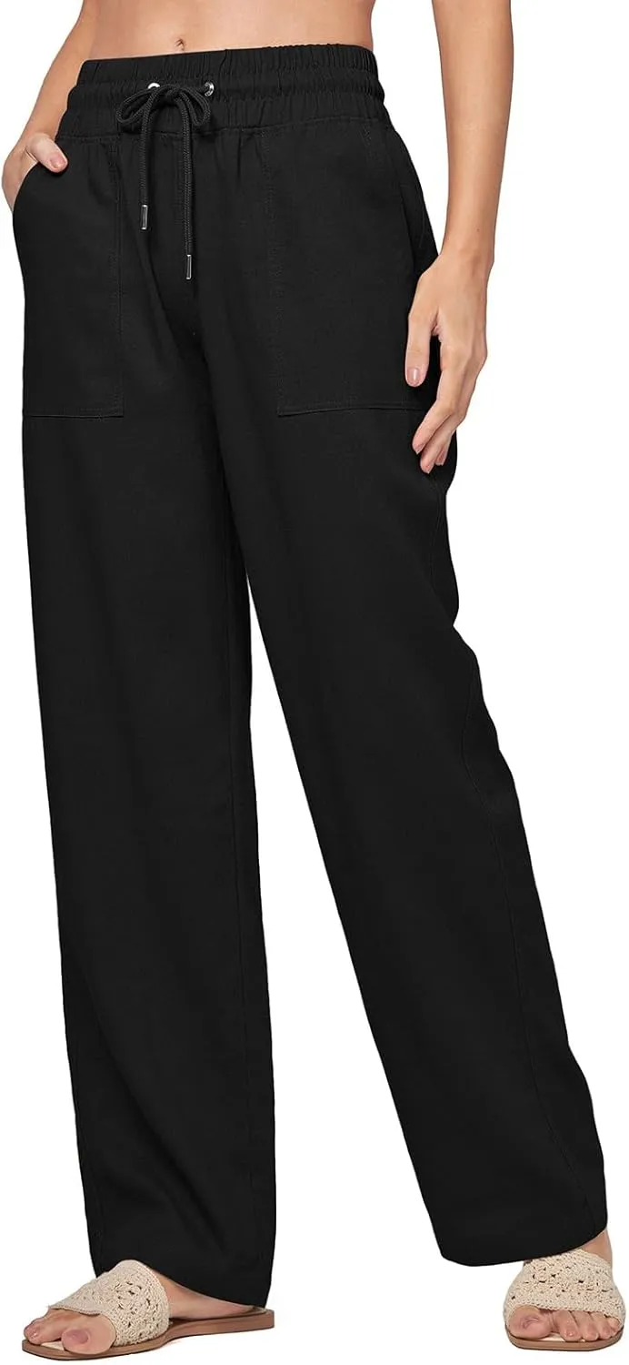 Wide Legged Linen Pants for Women Summer Drawstring Smocked Waist Palazzo Trousers Lounge Beach Straight Pant Pockets