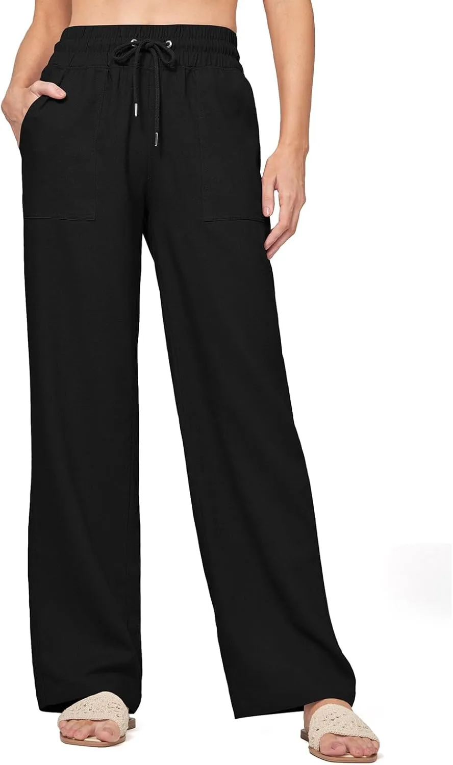 Wide Legged Linen Pants for Women Summer Drawstring Smocked Waist Palazzo Trousers Lounge Beach Straight Pant Pockets