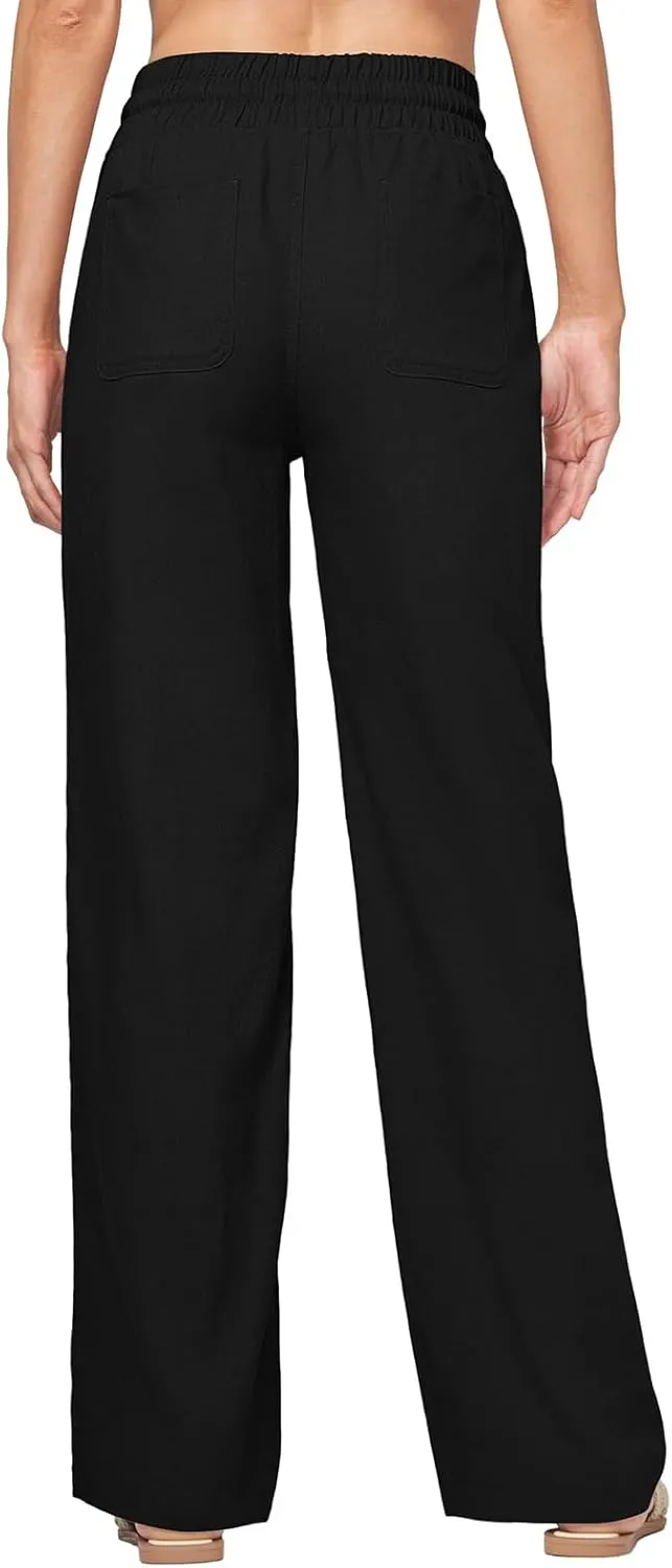 Wide Legged Linen Pants for Women Summer Drawstring Smocked Waist Palazzo Trousers Lounge Beach Straight Pant Pockets