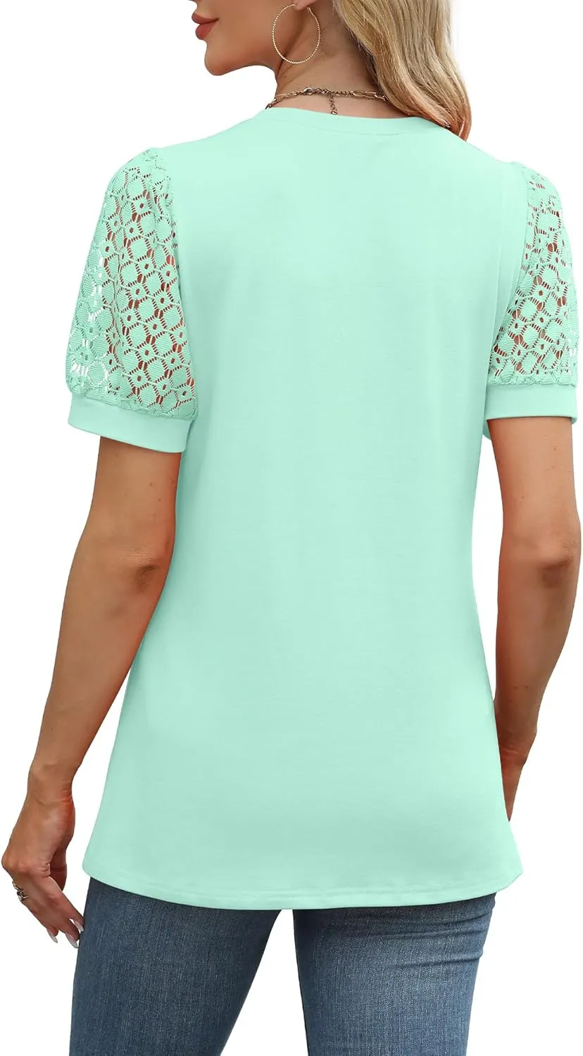 WIHOLL Womens Tops Patchwork Lace Short Sleeve Shirts Dressy Casual Blouses Spring Summer Outfits Trendy 2025