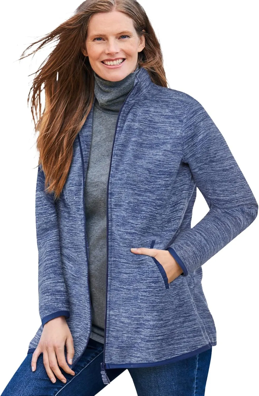Woman Within Plus Size Zip-Front Microfleece Jacket Long Oversized Fleece