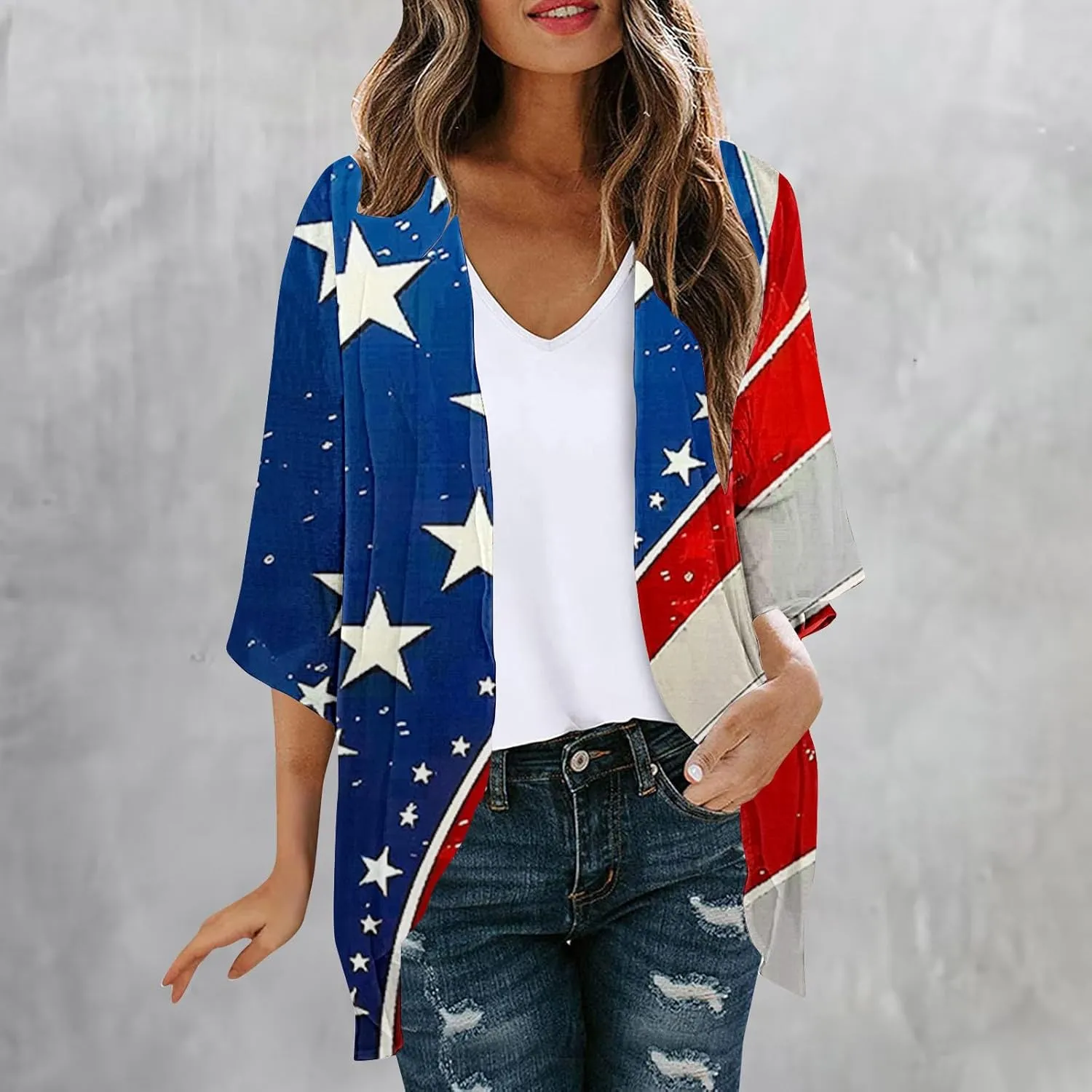 Women American Flag Lightweight Chiffon Kimono Cardigan Short Sleeve 4th of July Coverup Casual Open Front Blouse Top