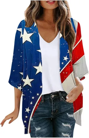 Women American Flag Lightweight Chiffon Kimono Cardigan Short Sleeve 4th of July Coverup Casual Open Front Blouse Top