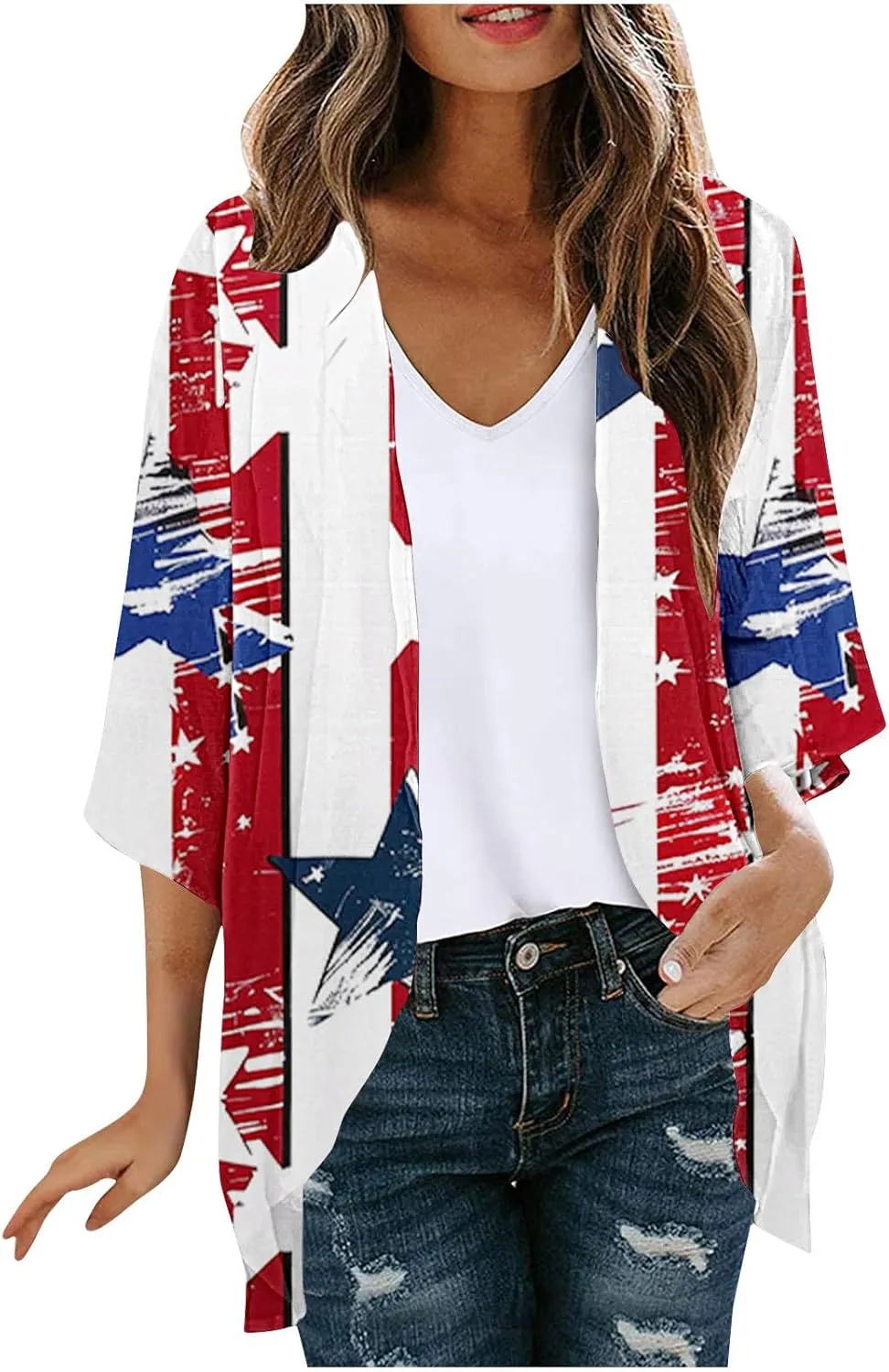 Women American Flag Lightweight Chiffon Kimono Cardigan Short Sleeve 4th of July Coverup Casual Open Front Blouse Top