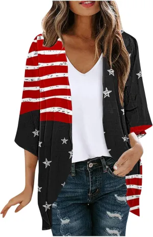 Women American Flag Lightweight Chiffon Kimono Cardigan Short Sleeve 4th of July Coverup Casual Open Front Blouse Top