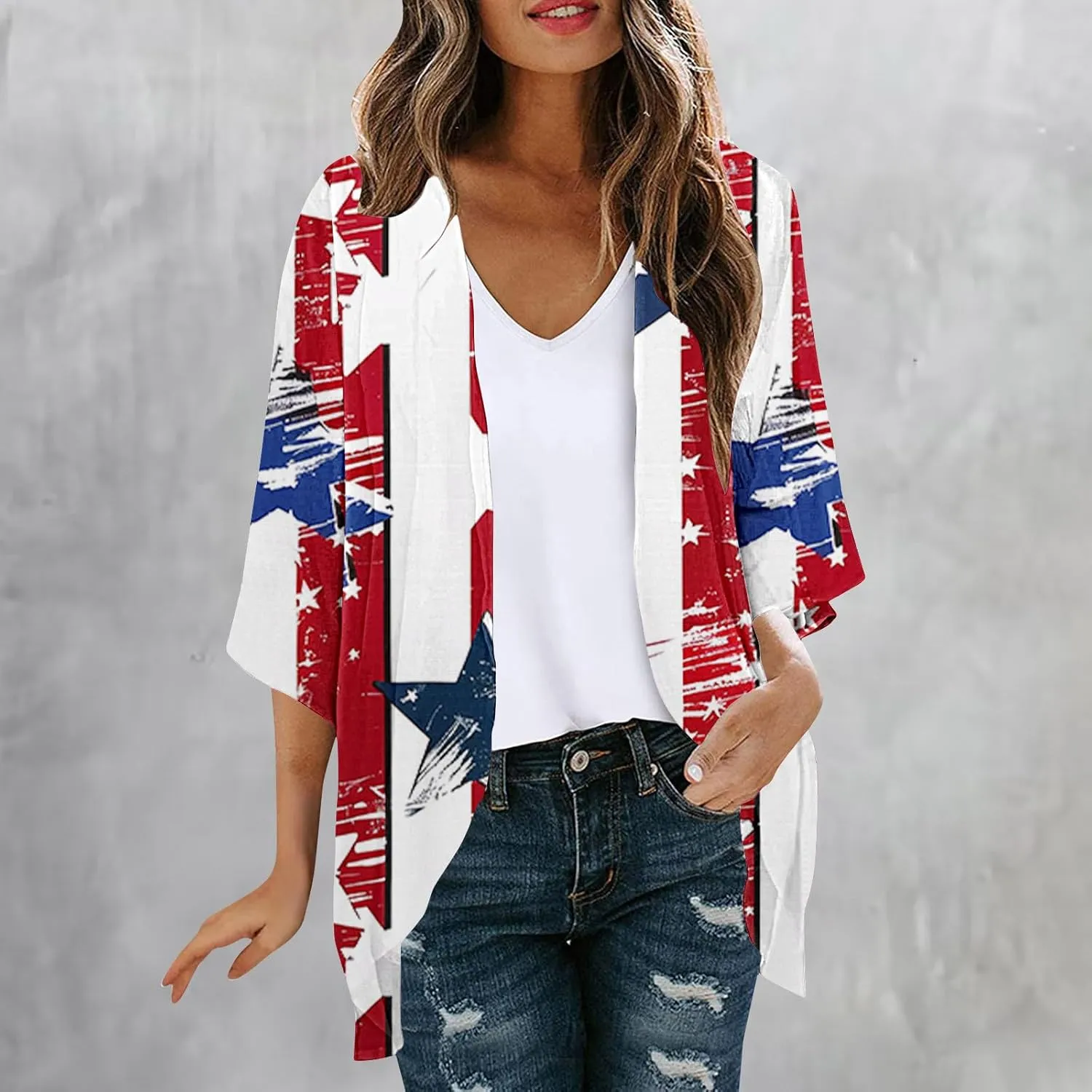 Women American Flag Lightweight Chiffon Kimono Cardigan Short Sleeve 4th of July Coverup Casual Open Front Blouse Top