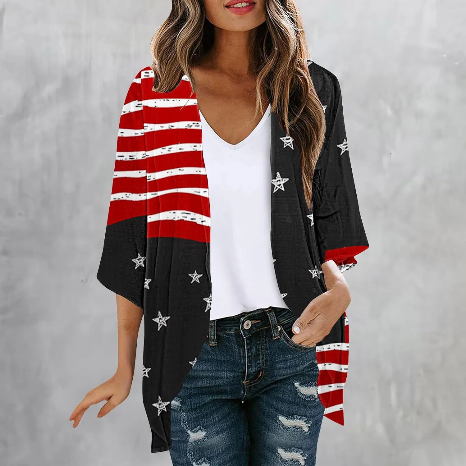 Women American Flag Lightweight Chiffon Kimono Cardigan Short Sleeve 4th of July Coverup Casual Open Front Blouse Top