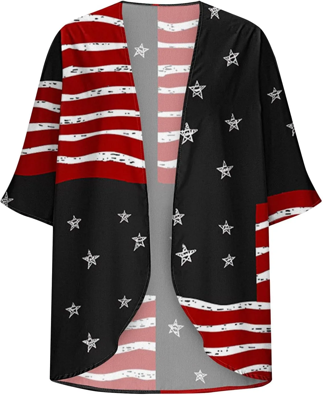 Women American Flag Lightweight Chiffon Kimono Cardigan Short Sleeve 4th of July Coverup Casual Open Front Blouse Top
