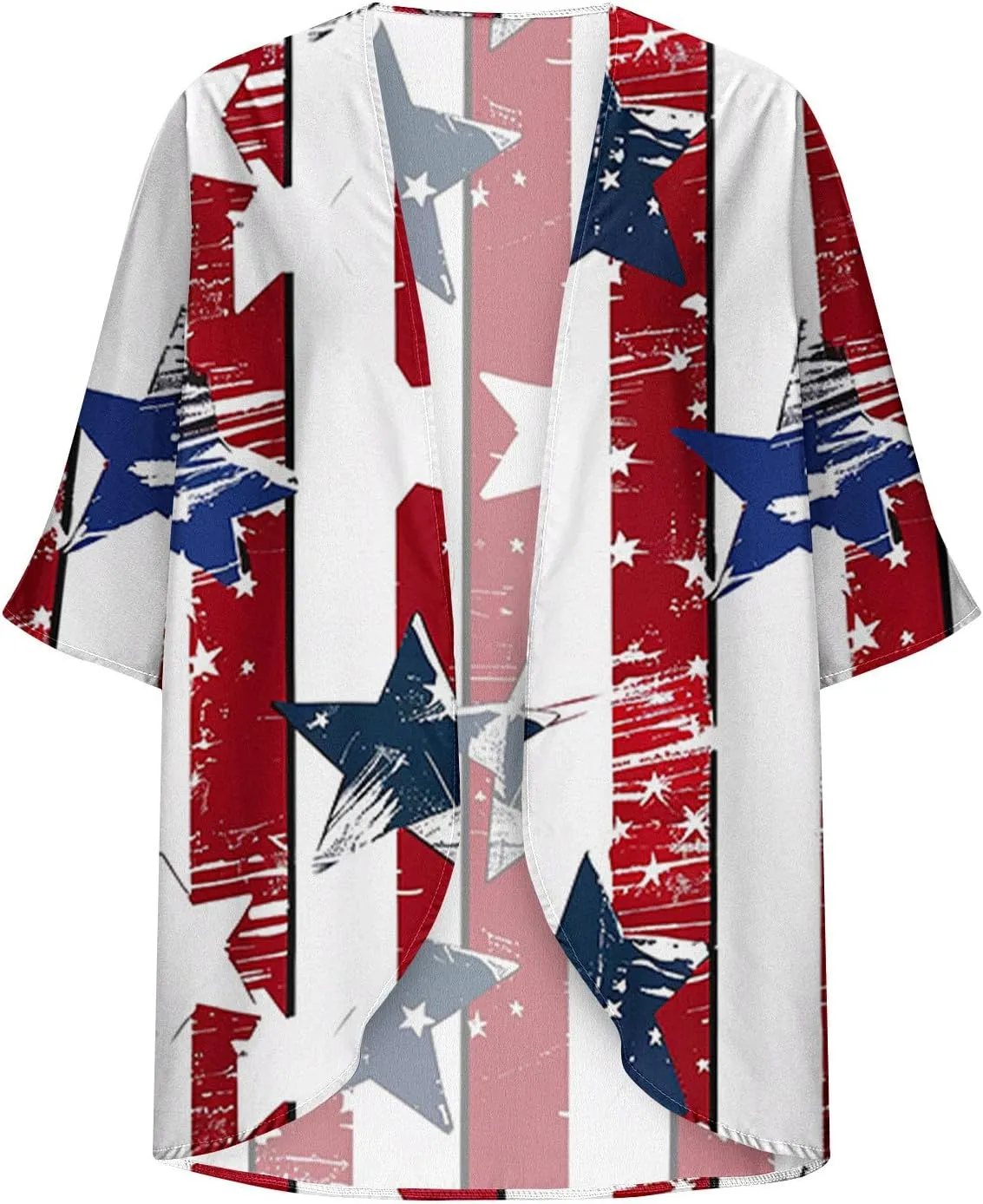 Women American Flag Lightweight Chiffon Kimono Cardigan Short Sleeve 4th of July Coverup Casual Open Front Blouse Top