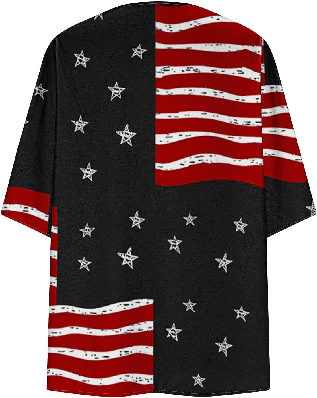 Women American Flag Lightweight Chiffon Kimono Cardigan Short Sleeve 4th of July Coverup Casual Open Front Blouse Top
