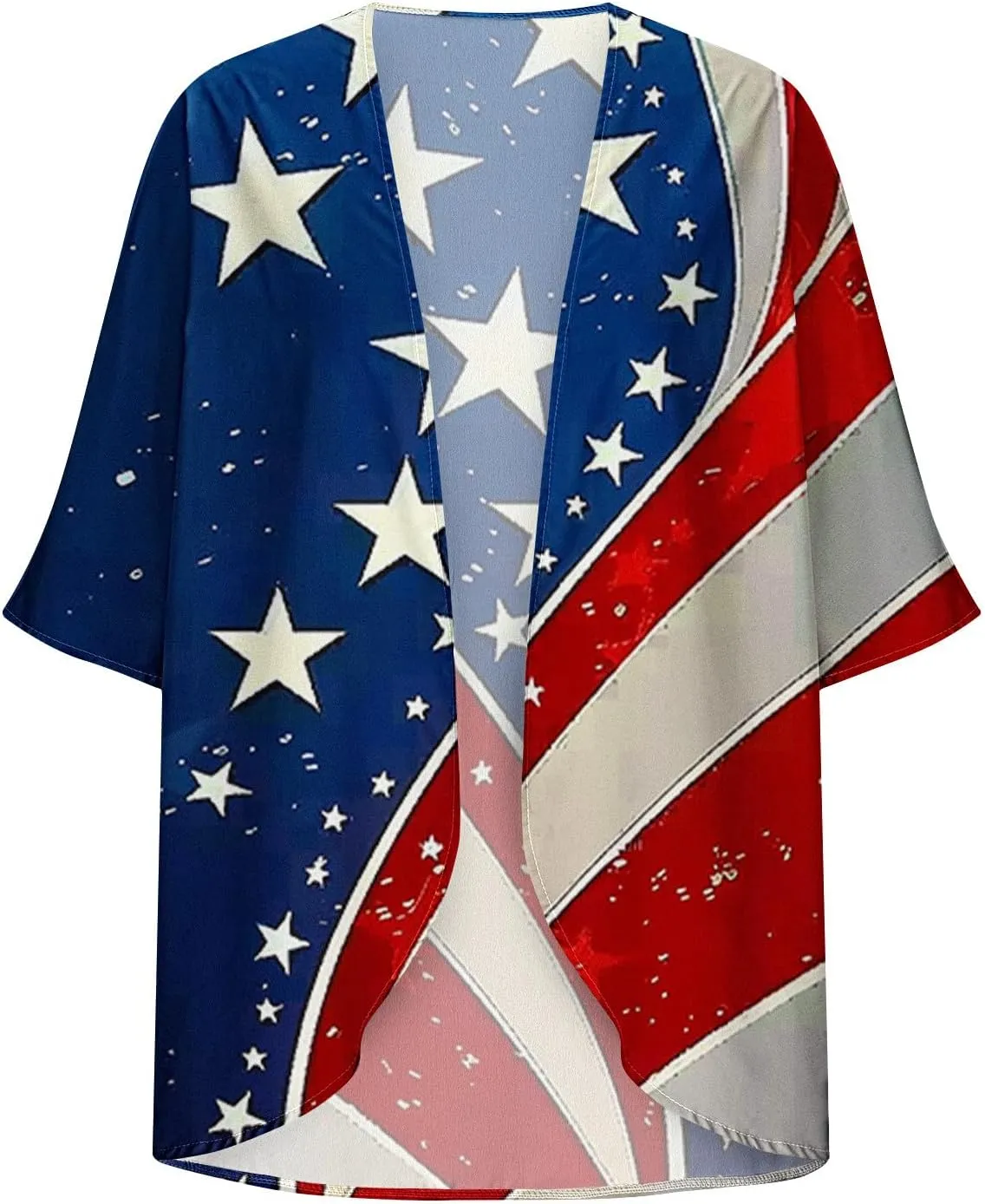 Women American Flag Lightweight Chiffon Kimono Cardigan Short Sleeve 4th of July Coverup Casual Open Front Blouse Top
