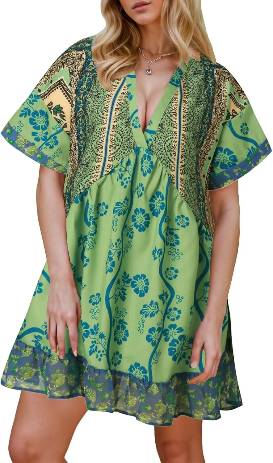 Women Boho Summer Dresses Y2K Babydoll Flowy Dress Ruffle Mini Dress Deep V-Neck Casual Floral Sundress 2025 Clothes