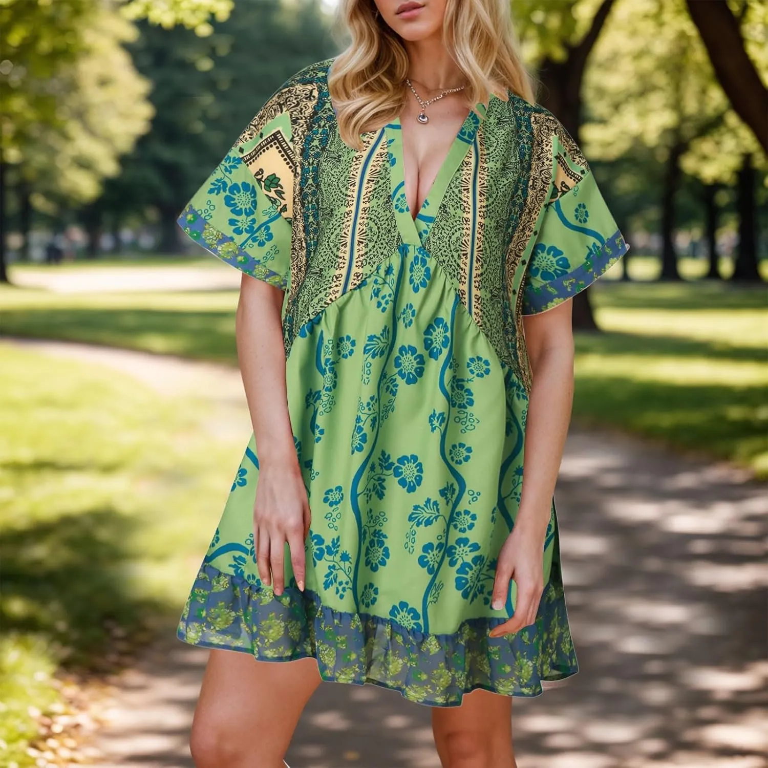 Women Boho Summer Dresses Y2K Babydoll Flowy Dress Ruffle Mini Dress Deep V-Neck Casual Floral Sundress 2025 Clothes