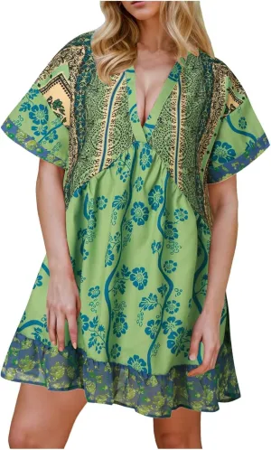 Women Boho Summer Dresses Y2K Babydoll Flowy Dress Ruffle Mini Dress Deep V-Neck Casual Floral Sundress 2025 Clothes