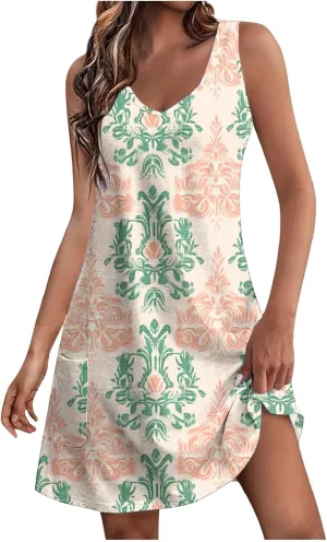 Women Boho Tank Dress 2025 Sleeveless Tunic Mini Dresses Floral Print Sundress Beach Resort Wear Short