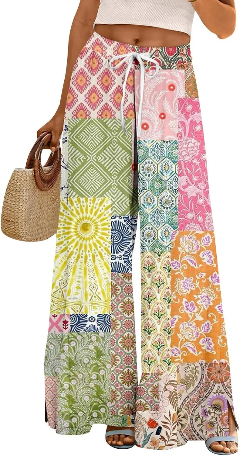 Women Casual High Waist Wide Leg Floral Palazzo Pants Summer Boho Flowy Beach Trousers with Pockets