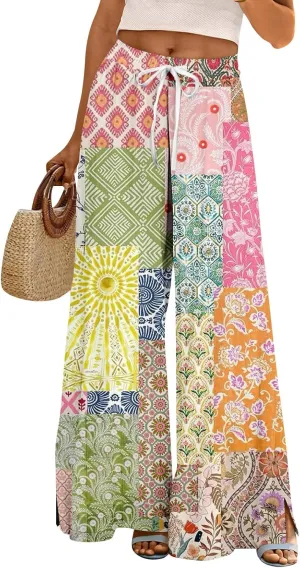 Women Casual High Waist Wide Leg Floral Palazzo Pants Summer Boho Flowy Beach Trousers with Pockets