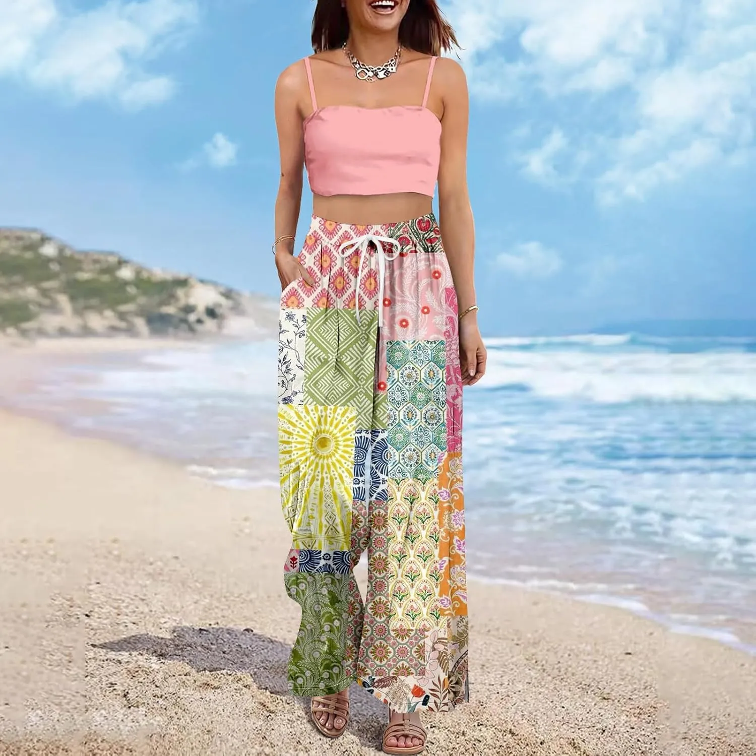 Women Casual High Waist Wide Leg Floral Palazzo Pants Summer Boho Flowy Beach Trousers with Pockets