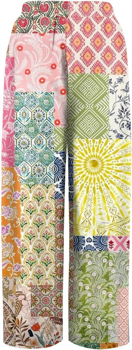 Women Casual High Waist Wide Leg Floral Palazzo Pants Summer Boho Flowy Beach Trousers with Pockets