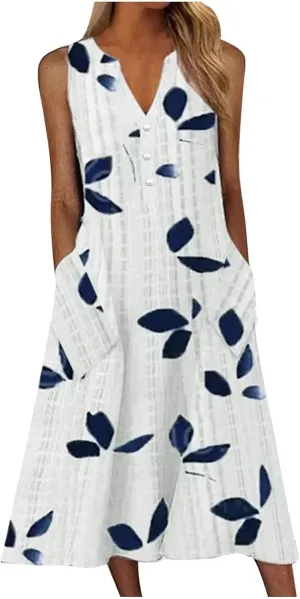 Women Casual Summer Stripe Button V Neck Sleeveless Pocket Holiday Dress Floral Sundress Midi Dress