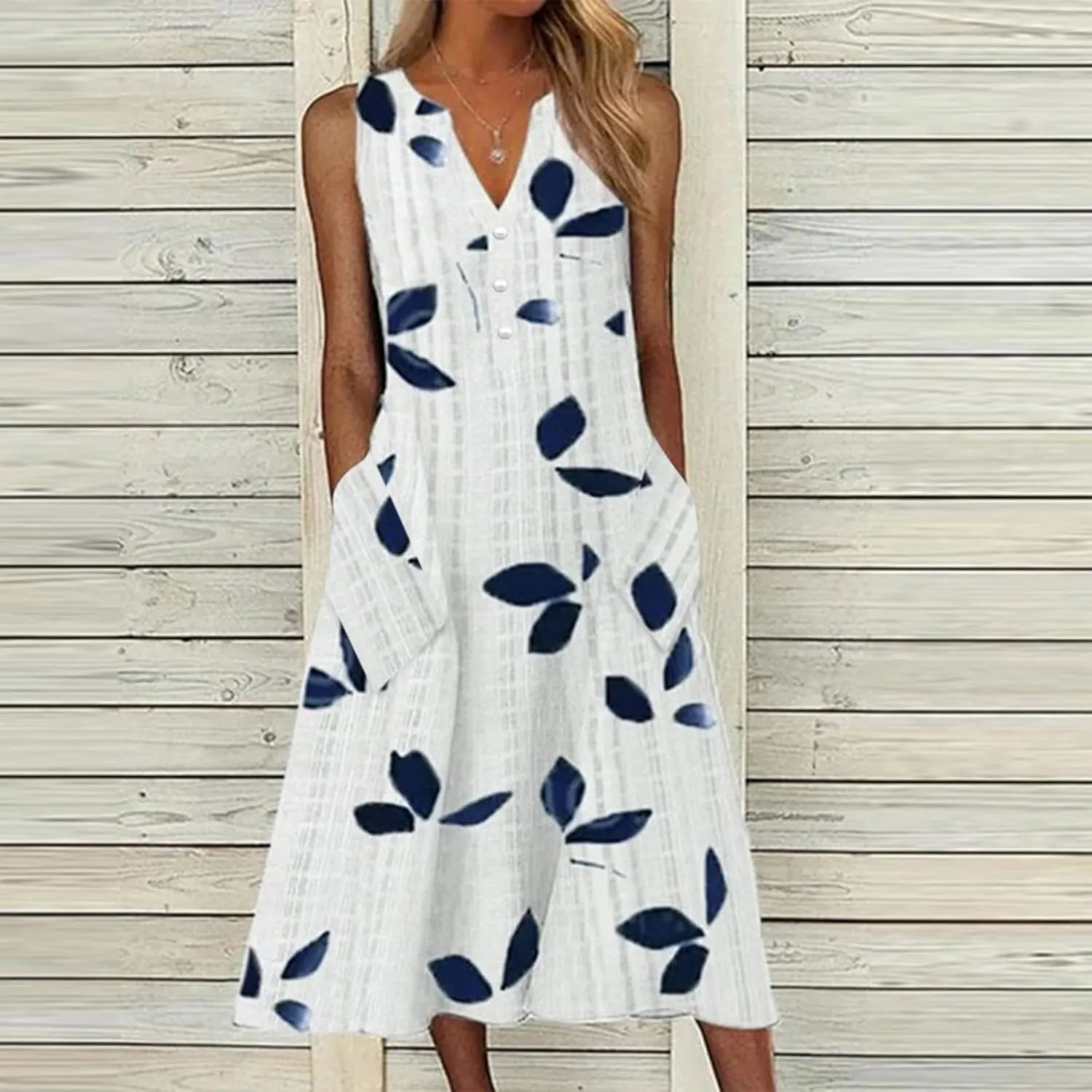 Women Casual Summer Stripe Button V Neck Sleeveless Pocket Holiday Dress Floral Sundress Midi Dress