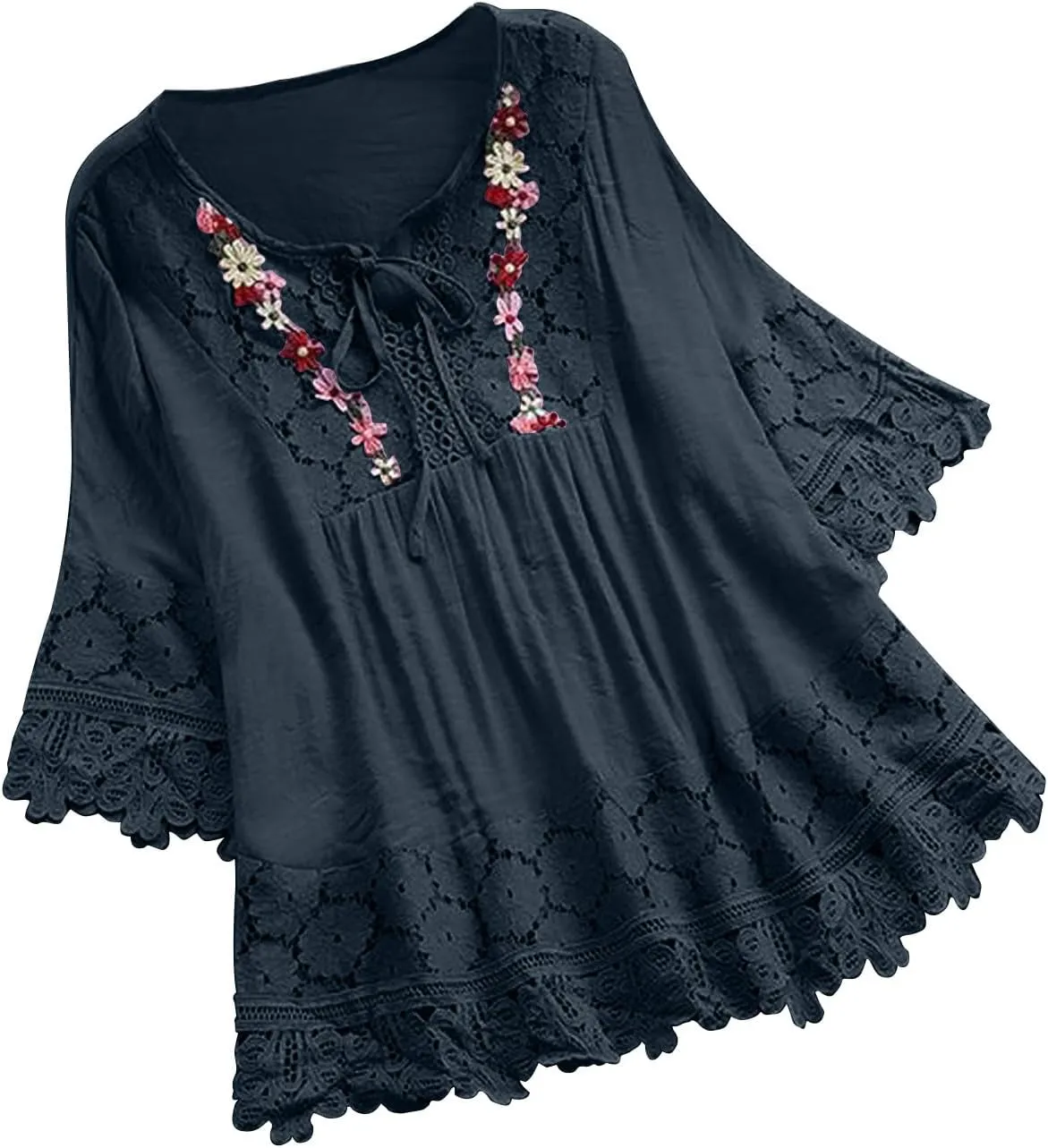 Women Cotton Linen Embroidered Tops Loose Fit Tunic 3/4 Sleeve Summer Blouse Shirts Boho Peasant Trendy Clothes 2024