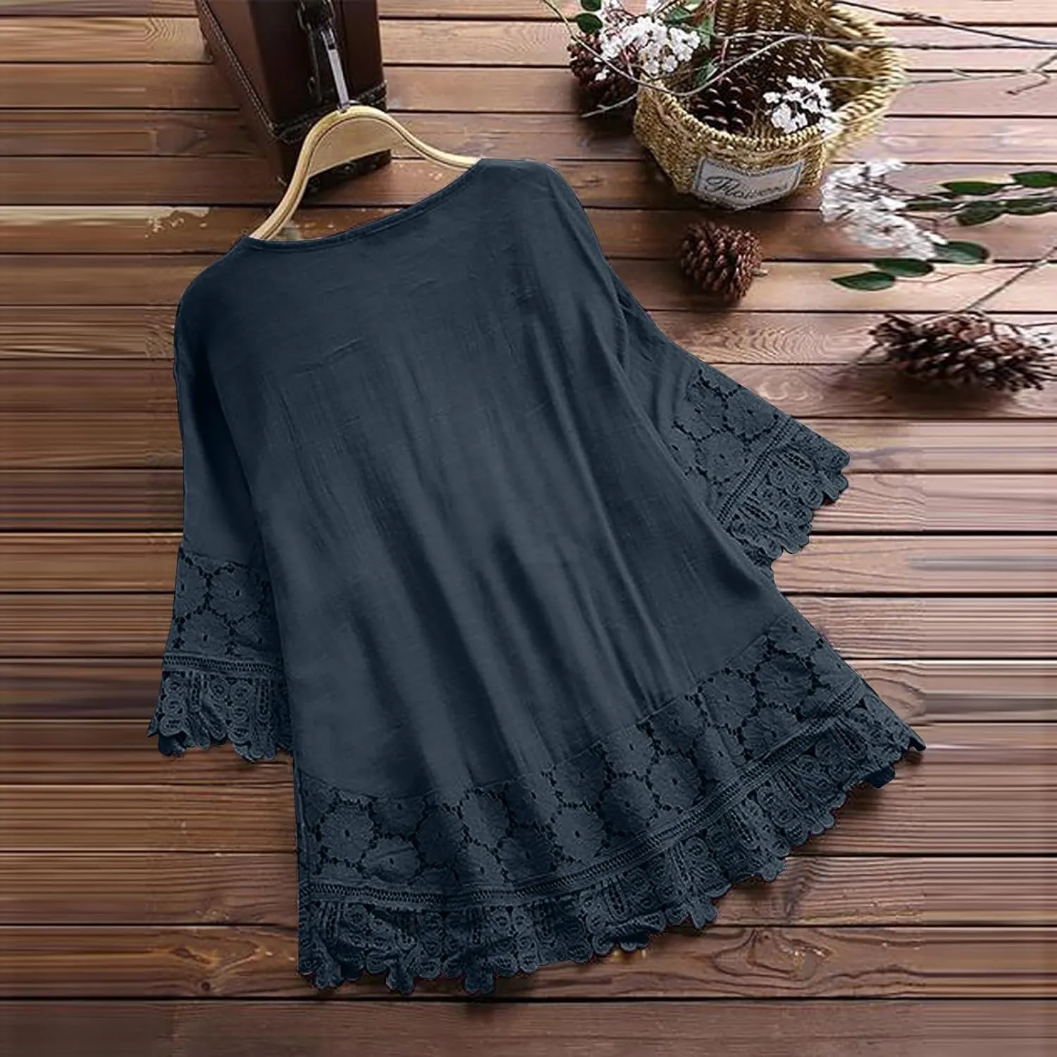 Women Cotton Linen Embroidered Tops Loose Fit Tunic 3/4 Sleeve Summer Blouse Shirts Boho Peasant Trendy Clothes 2024