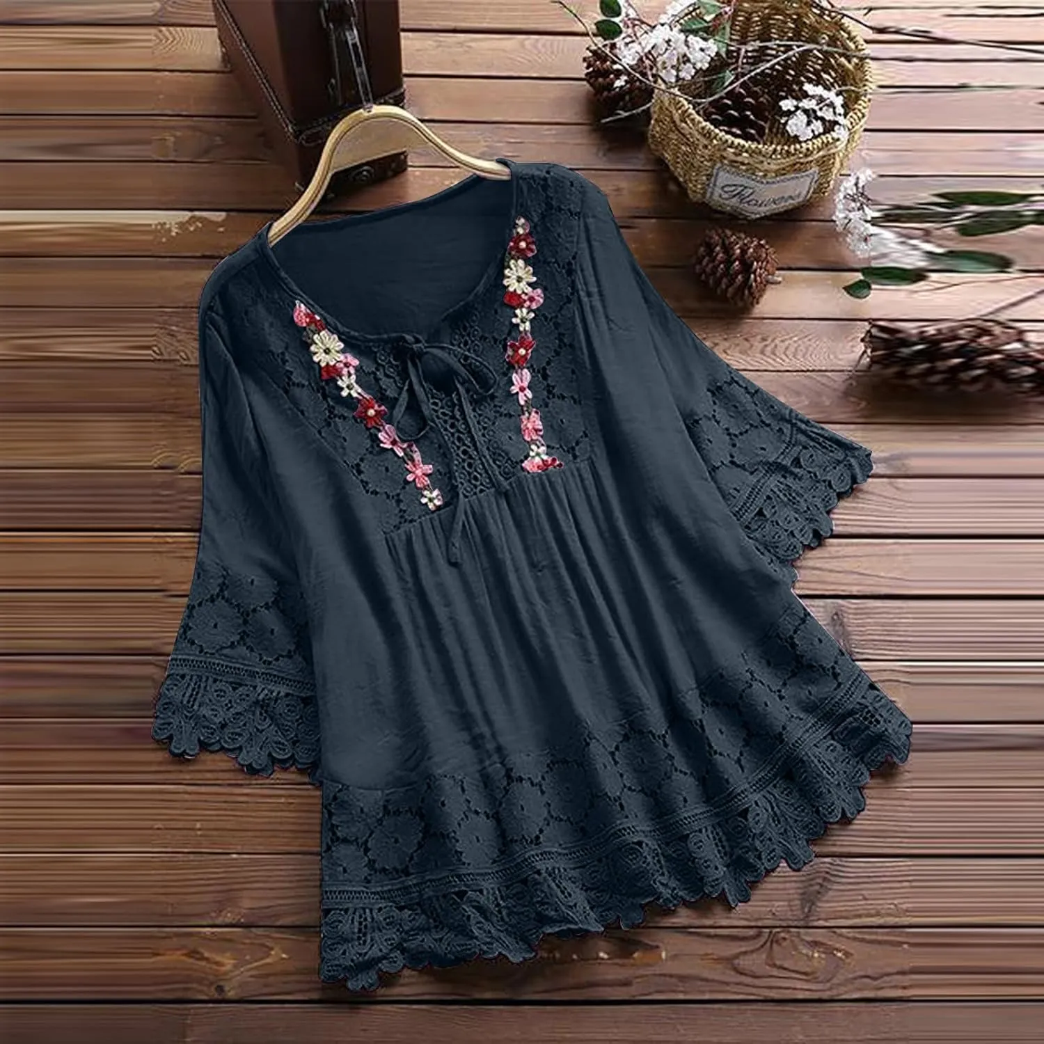 Women Cotton Linen Embroidered Tops Loose Fit Tunic 3/4 Sleeve Summer Blouse Shirts Boho Peasant Trendy Clothes 2024