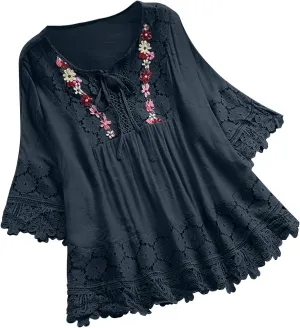 Women Cotton Linen Embroidered Tops Loose Fit Tunic 3/4 Sleeve Summer Blouse Shirts Boho Peasant Trendy Clothes 2024