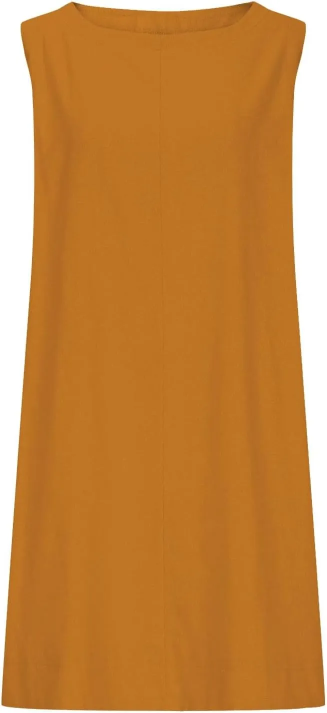 Women Cotton Linen Sleeveless Tank Dress Loose Crew Neck Knee Length Dress Summer Solid Color Casual Midi Dresses