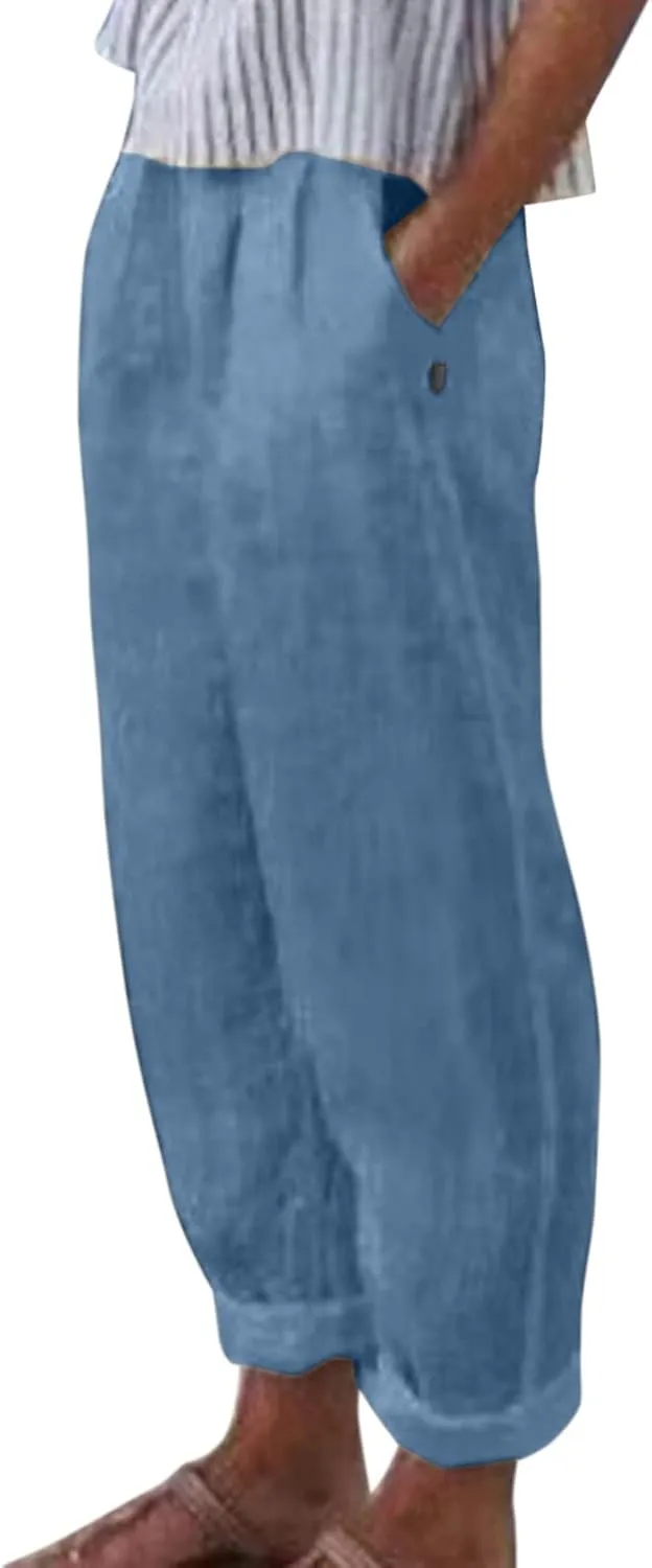 Women Cotton Linen Summer Striped Pants Elastic Waist Wide Leg Slim-Fit Palazzo Lounge Pants Beach