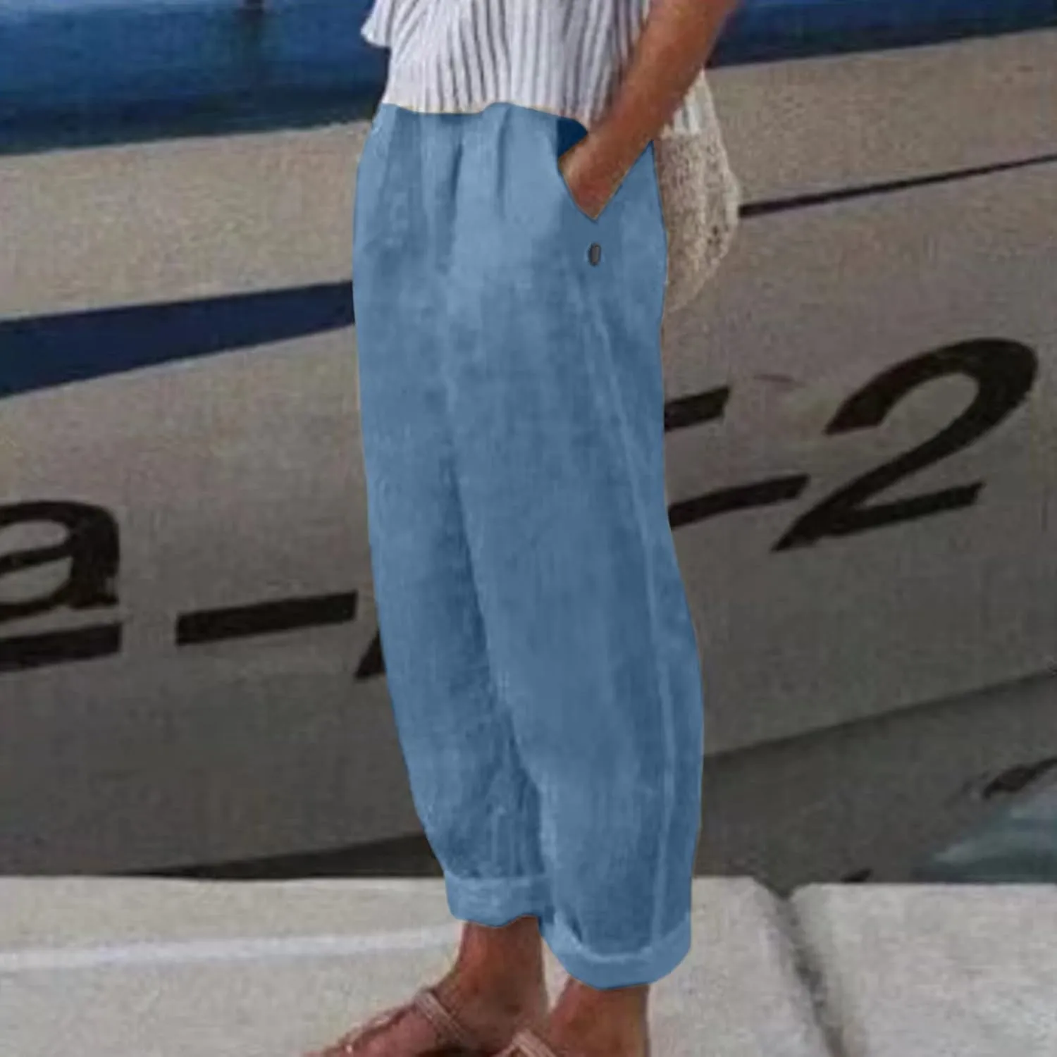 Women Cotton Linen Summer Striped Pants Elastic Waist Wide Leg Slim-Fit Palazzo Lounge Pants Beach