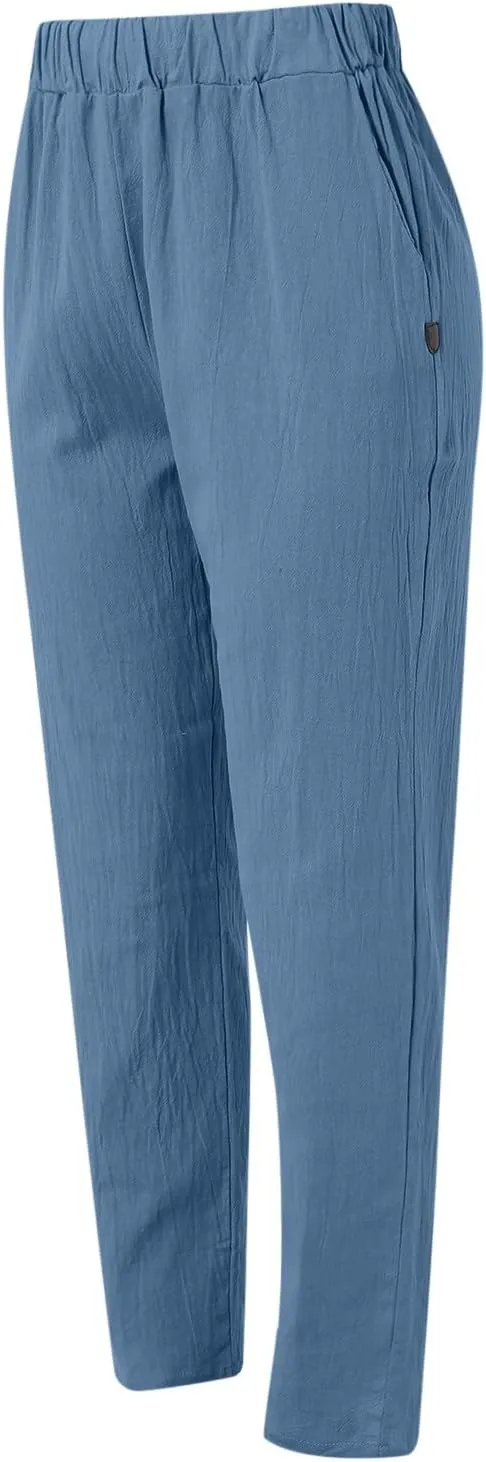 Women Cotton Linen Summer Striped Pants Elastic Waist Wide Leg Slim-Fit Palazzo Lounge Pants Beach