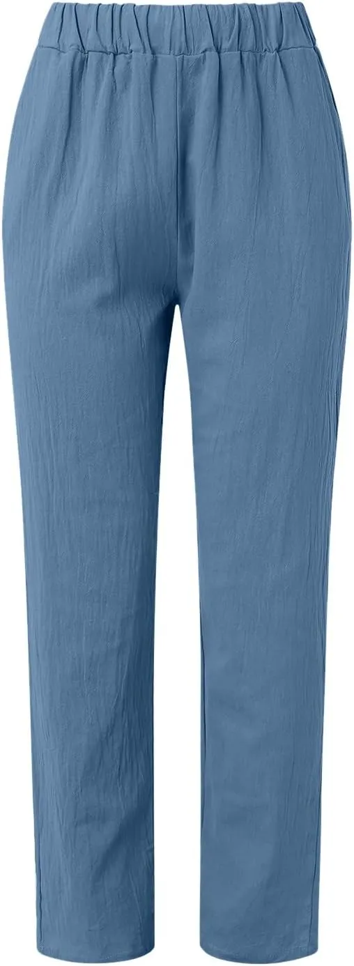 Women Cotton Linen Summer Striped Pants Elastic Waist Wide Leg Slim-Fit Palazzo Lounge Pants Beach