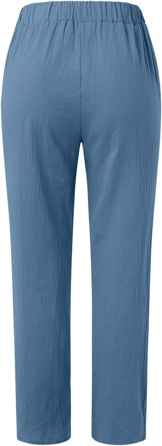 Women Cotton Linen Summer Striped Pants Elastic Waist Wide Leg Slim-Fit Palazzo Lounge Pants Beach