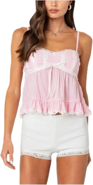 Women Fairy Lace Babydoll Top Y2K Lace Trim Spaghetti Strap Peplum Tank Top Slim Fit Backless Going Out Camisole