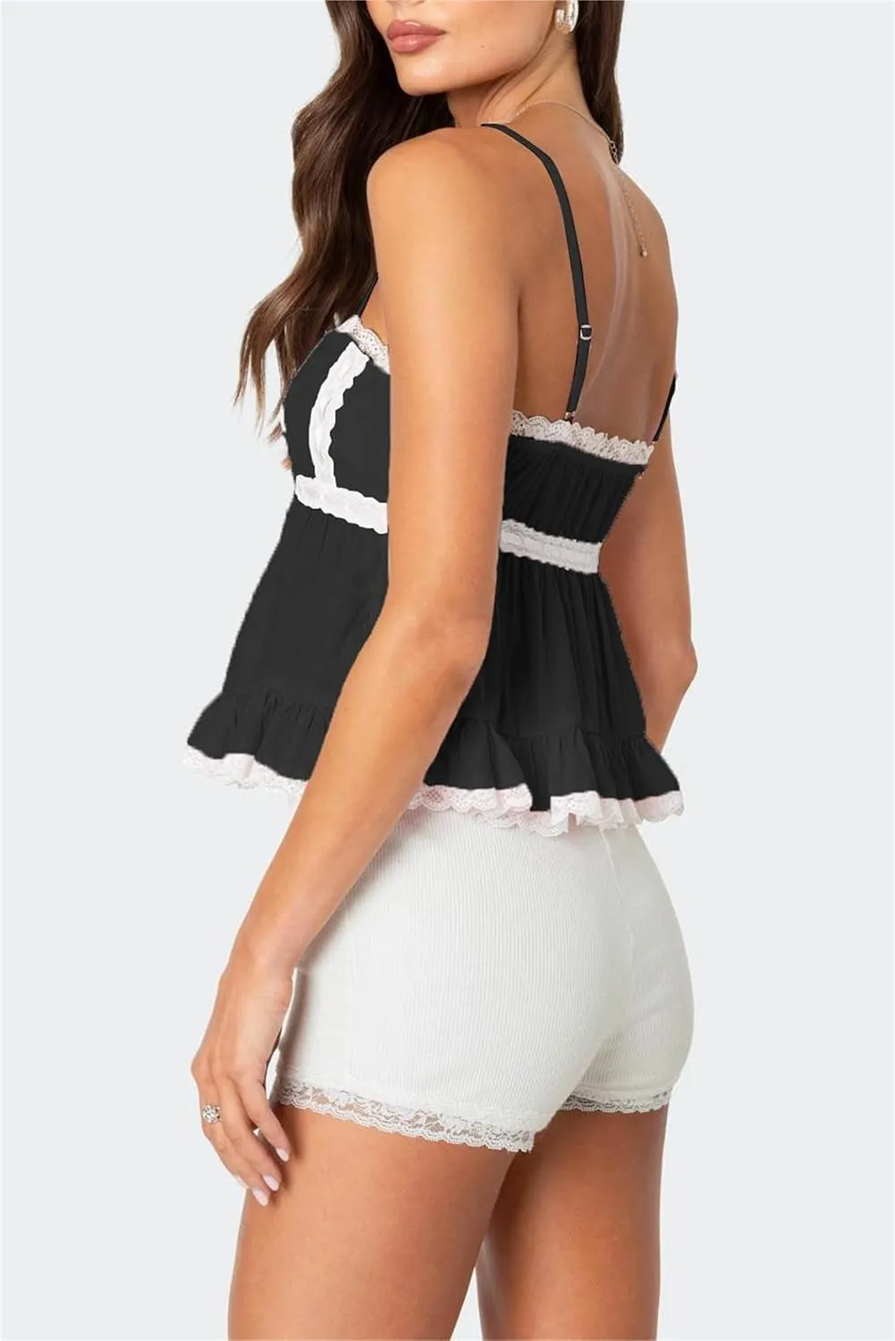 Women Fairy Lace Babydoll Top Y2K Lace Trim Spaghetti Strap Peplum Tank Top Slim Fit Backless Going Out Camisole