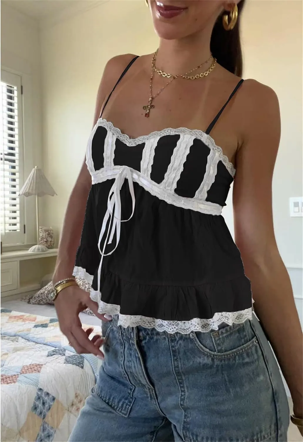 Women Fairy Lace Babydoll Top Y2K Lace Trim Spaghetti Strap Peplum Tank Top Slim Fit Backless Going Out Camisole