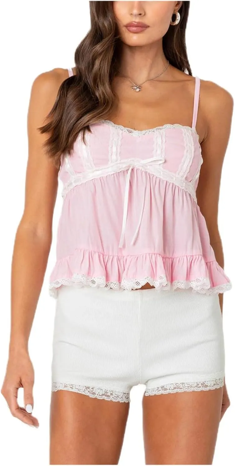 Women Fairy Lace Babydoll Top Y2K Lace Trim Spaghetti Strap Peplum Tank Top Slim Fit Backless Going Out Camisole