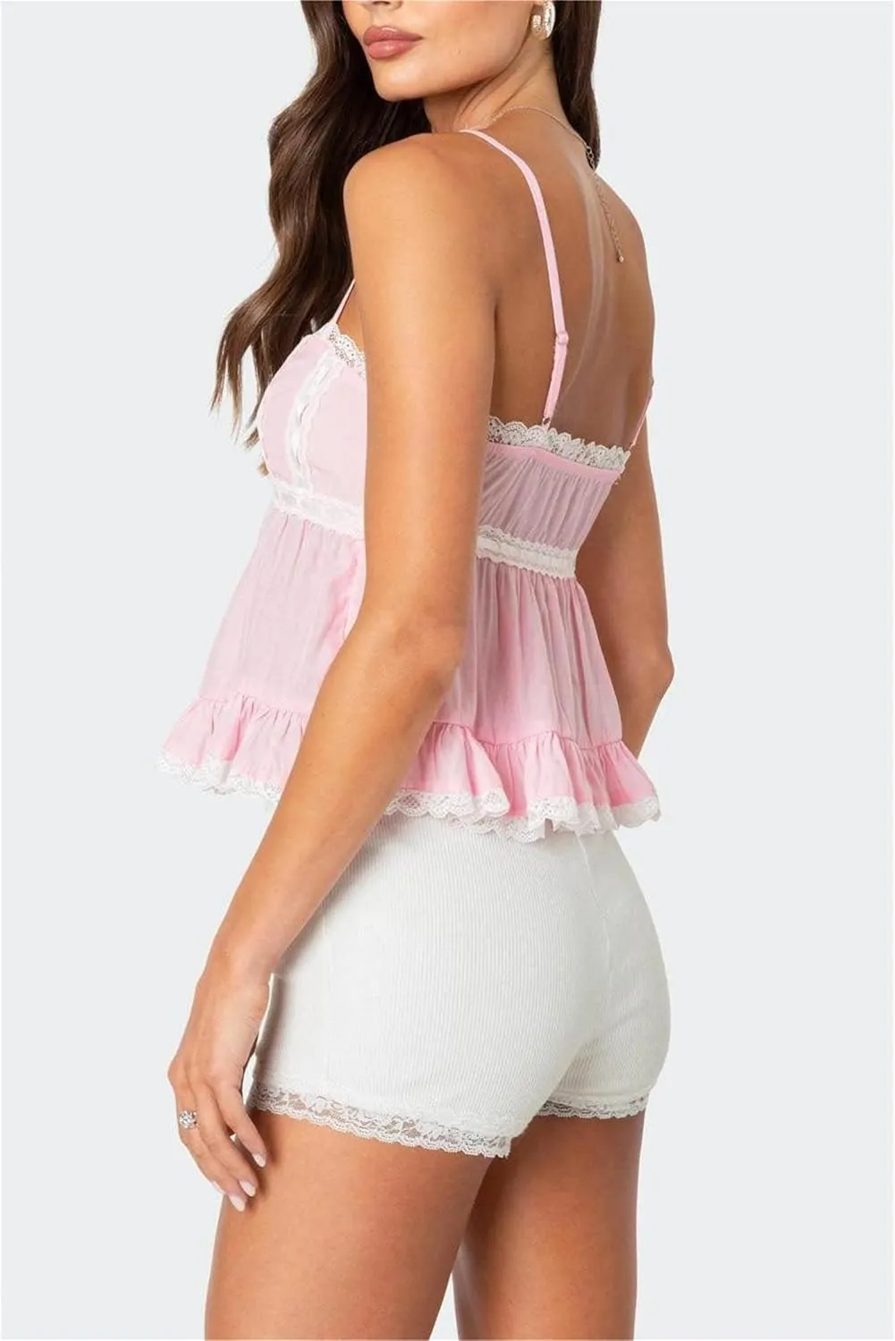 Women Fairy Lace Babydoll Top Y2K Lace Trim Spaghetti Strap Peplum Tank Top Slim Fit Backless Going Out Camisole
